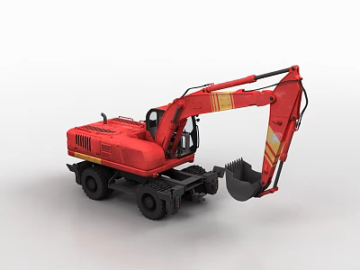 Powerful Red Wheel Excavator For Construction Work With Front Bucket 3d model