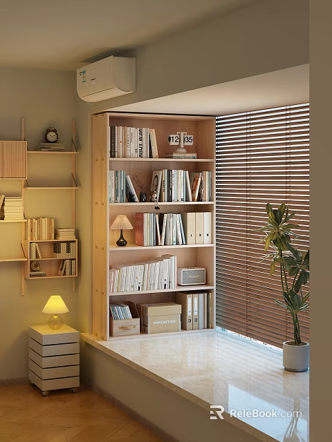 Wooden Bookcase With Multiple Shelves Filled With Books Decorative Items Table Lamp And Storage Boxes 3d model 