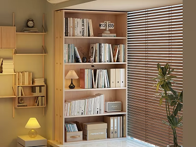 Wooden Bookcase With Multiple Shelves Filled With Books Decorative Items Table Lamp And Storage Boxes 3d model