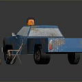Blue Rusty Truck With Chainsaw In Bed Wooden Chair Shovel And Traffic Cone
