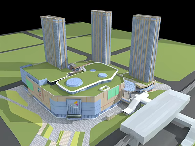 Modern Commercial Complex With Three Tall Buildings Green Roof And Surrounding Green Spaces 3d model