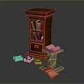 Wooden Bookcase With Red Books On Shelves And Scattered Books Around
