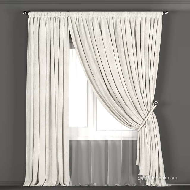Modern Minimalist Beige Striped Linen Curtain With Tieback For Home Window Interior 3d model 