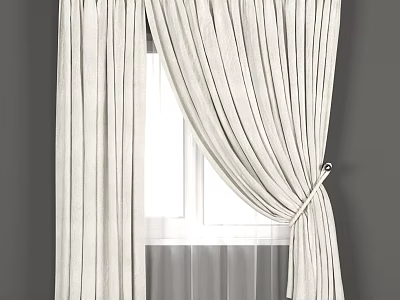 Modern Minimalist Beige Striped Linen Curtain With Tieback For Home Window Interior 3d model