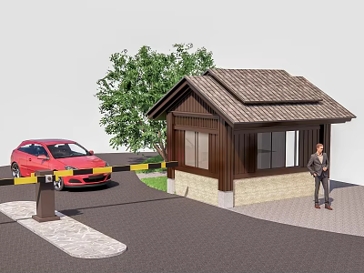 Wooden Security Booth With Red Car Person Tree And Barrier 3d model
