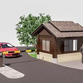 Wooden Security Booth With Red Car Person Tree And Barrier