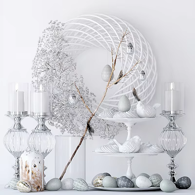 White Silver Decorative Ornament Arrangement With Glass Candle Holders Bird Figurines Woven Wreath And Branches 3d model