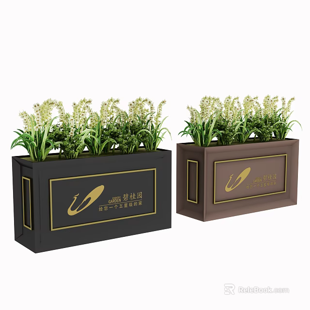 Decorative Garden Planters With Green Plants White Flowers In Dark Brown Containers Gold Logos 3d model 