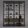Modern Glass Door Display Cabinet Shelf With Metal Frame Multiple Shelves And Decorative Shells Coral