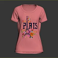 Pink Casual T shirt With Eiffel Tower PARIS Lettering And Floral Accents