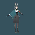 Anime Game Character Design With Fox Ears Mechanical Arm Blue Coat Uniform And Dark Skirt