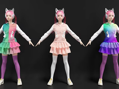 Three Stylish Game Movie Characters with Cat Ears Pink Hair and Colorful Dresses Stockings 3d model