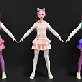 Three Stylish Game Movie Characters with Cat Ears Pink Hair and Colorful Dresses Stockings