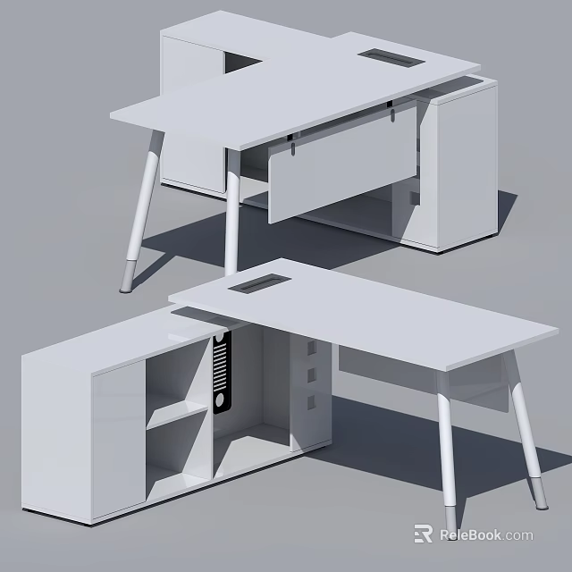 Modern White Office Desk With Open Shelves And Drawer Storage Design 3d model 