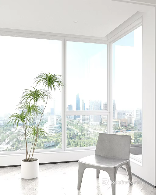 Bonsai Tree in Bright Indoor Setting with Tall Windows Overlooking City View and Natural Light 3d model 