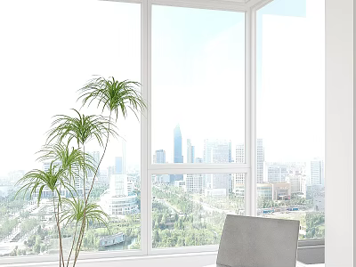 Bonsai Tree in Bright Indoor Setting with Tall Windows Overlooking City View and Natural Light 3d model