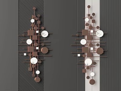 Modern Wall Decor with Geometric Circular Square Shapes and Brown White Striped Patterns 3d model