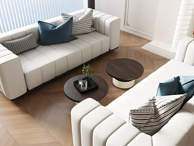 White Sofa Coffee Table Set With Blue Striped Pillows And Round Wooden Tables On Wooden Floor 3d model