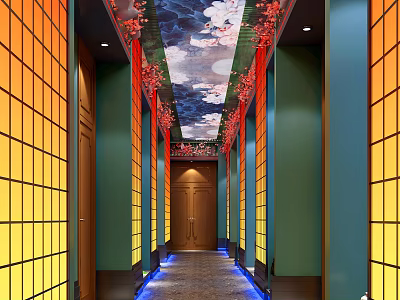 Elegant Hotel Corridor Interior With Wooden Doors Colored Glass Screens And Floral Ceiling Decorations 3d model