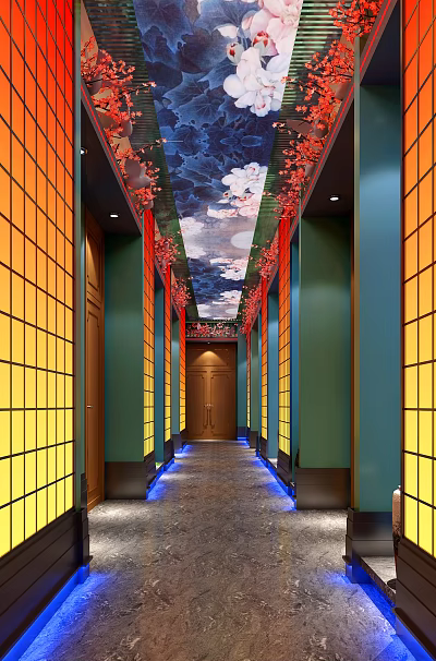 Elegant Hotel Corridor Interior With Wooden Doors Colored Glass Screens And Floral Ceiling Decorations 3d model