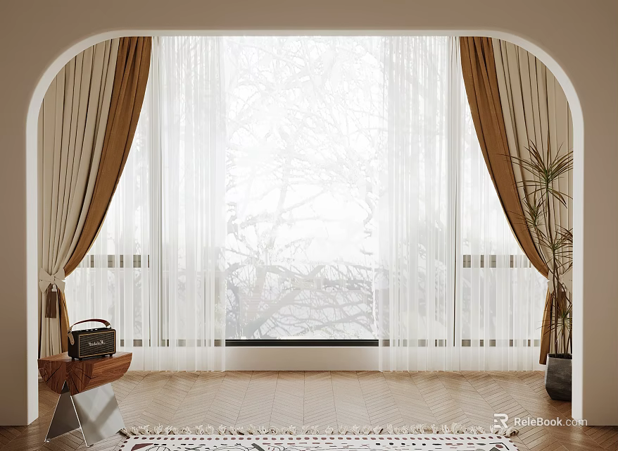 Elegant Curtains For Arched Window With Sheer Layers And Tree View In Room 3d model 