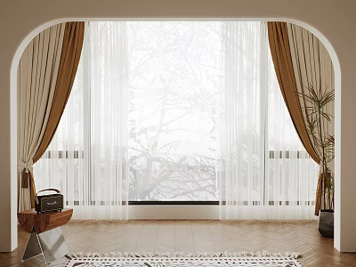 Elegant Curtains For Arched Window With Sheer Layers And Tree View In Room 3d model