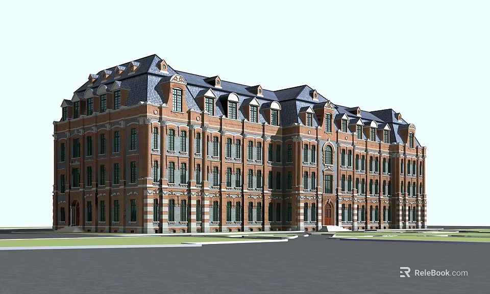 Classical Red Brick School Building with Multi Story Design Large Windows and Dark Slate Roof 3d model 