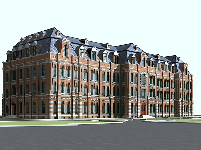 Classical Red Brick School Building with Multi Story Design Large Windows and Dark Slate Roof 3d model