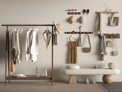 Wooden Freestanding Clothes Rack With Hanging Clothes Hats Bags And Bench In Modern Interior 3d model