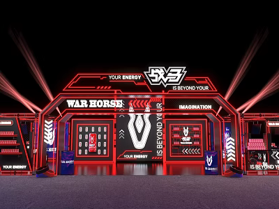 Exhibition Booth With Futuristic Design Red Lighting WAR HORSE Display Areas And Imaginative Elements 3d model