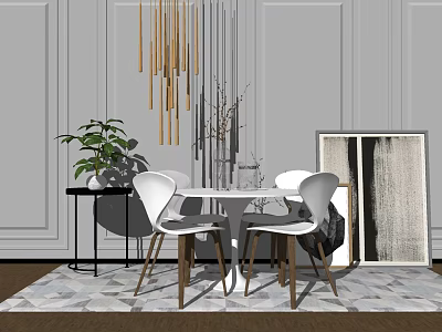 Modern Dining Table Combination With White Chairs Gold Legs Grey Walls Green Plant Pendant Light 3d model