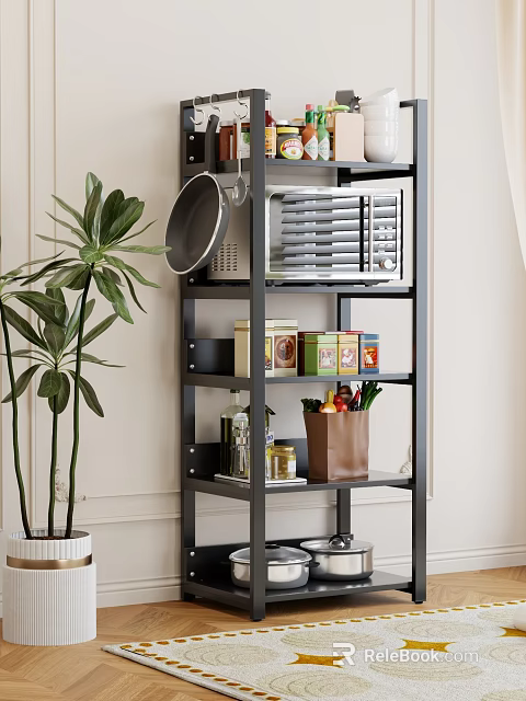 Black Multitiered Storage Shelf In Kitchen With Microwave Jars Food Boxes And Storage Bag 3d model 