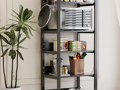 Black Multitiered Storage Shelf In Kitchen With Microwave Jars Food Boxes And Storage Bag 3d model