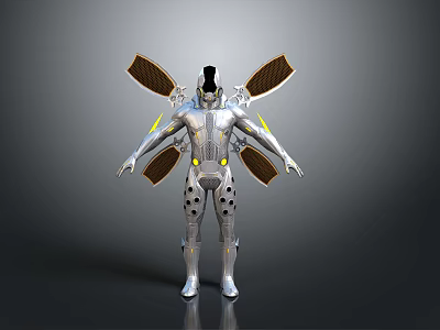 Futuristic Silver Mechanical Character With Biomechanical Design Solar Panel Wings And Yellow Accents 3d model