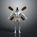 Futuristic Silver Mechanical Character With Biomechanical Design Solar Panel Wings And Yellow Accents