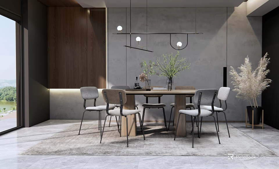 Modern Restaurant Interior With Wooden Dining Table Stylish Chairs Pendant Lights And Green Plants 3d model 