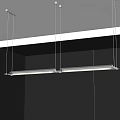 Modern Kitchen Interior With Linear Metal Pendant Lights And Dark Cabinetry