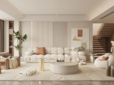 Modern Living Room Interior With White Sofa Round Coffee Table Area Rug And Decorative Painting 3d model