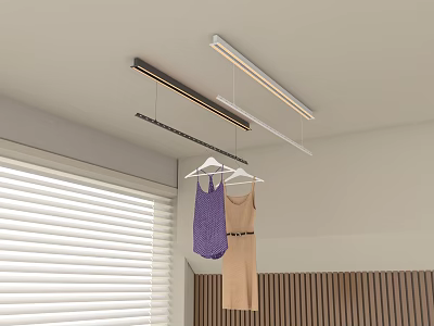 Ceiling Mounted Clothes Hanger With Hanging Dresses In Room With Window Blinds And Wooden Panels 3d model