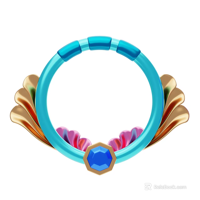 Decorative Ornament Set With Blue Circular Ring Golden Wings Pink Petal Elements And Blue Gemstone 3d model 