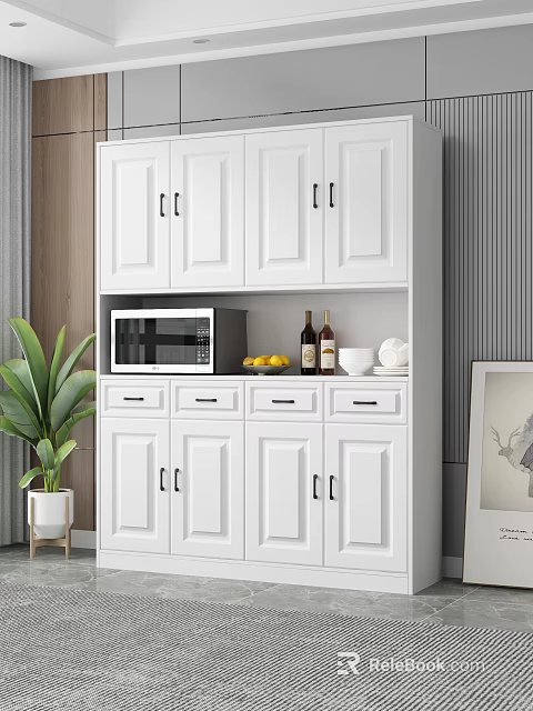 Modern White Sideboard Cabinet With Microwave Storage Drawers Bottles Lemons And Decorative Plants 3d model 