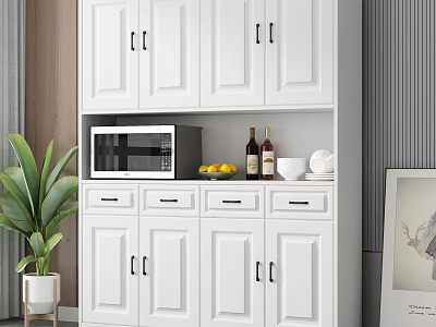 Modern White Sideboard Cabinet With Microwave Storage Drawers Bottles Lemons And Decorative Plants 3d model