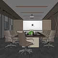 Modern Conference Room Interior Design With Round Table Wheeled Chairs Projector Screen And Geometric Walls