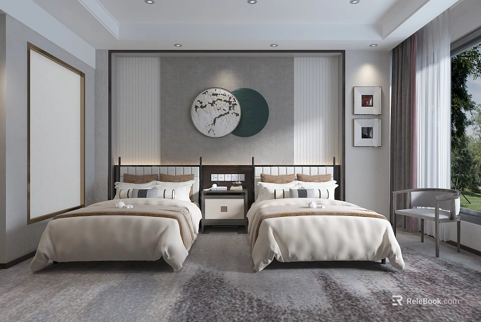 Elegant Modern Hotel Guest Room With Twin Beds Decorative Artwork Curtains And Soft Carpet 3d model 