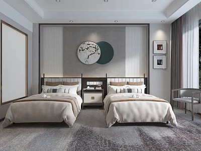 Elegant Modern Hotel Guest Room With Twin Beds Decorative Artwork Curtains And Soft Carpet 3d model