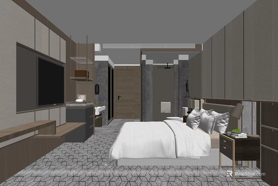 Modern Hotel Guest Room With Large Bed Flat Screen TV And Patterned Carpet 3d model 