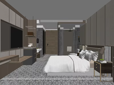 Modern Hotel Guest Room With Large Bed Flat Screen TV And Patterned Carpet 3d model