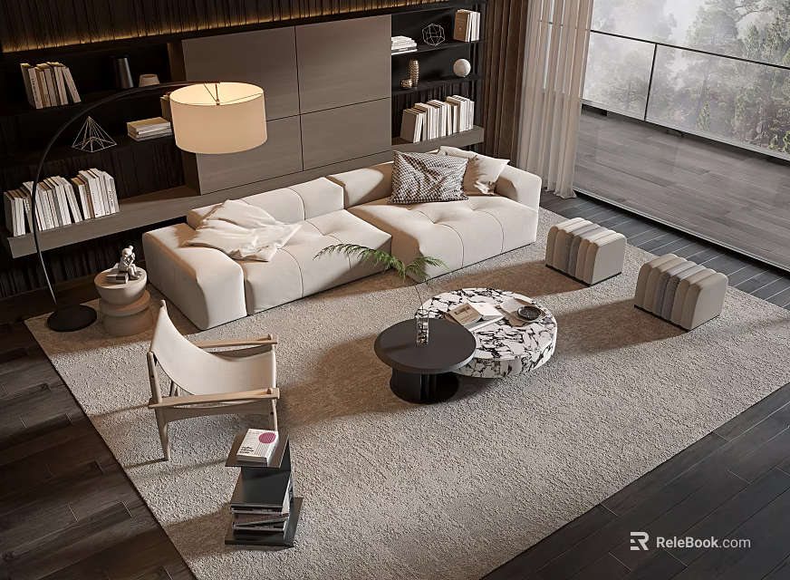 Modern Beige Sofa And Coffee Table Set With Round Marble Top And Area Rug 3d model 