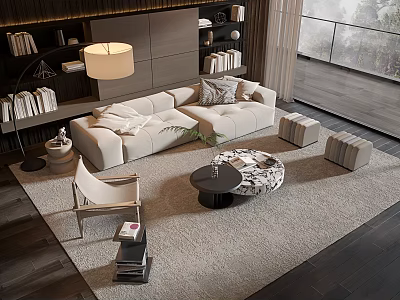 Modern Beige Sofa And Coffee Table Set With Round Marble Top And Area Rug 3d model