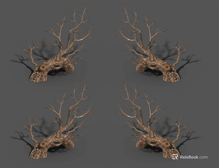 Withered Arbor Tree Trunks with Branches Bark Texture and Shadows on Gray Background 3d model 